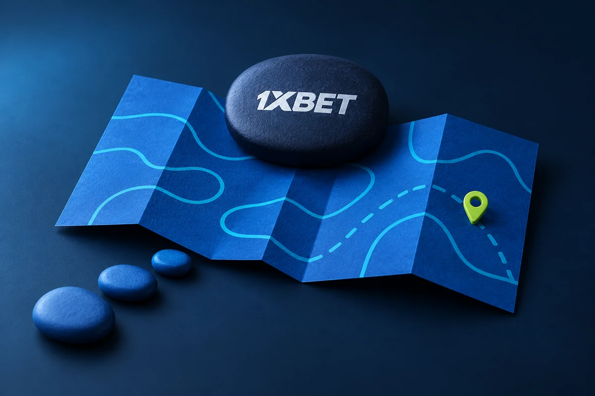 A folded blue information map held by a 1XBET page-weight beside stepping stones and a route marker.