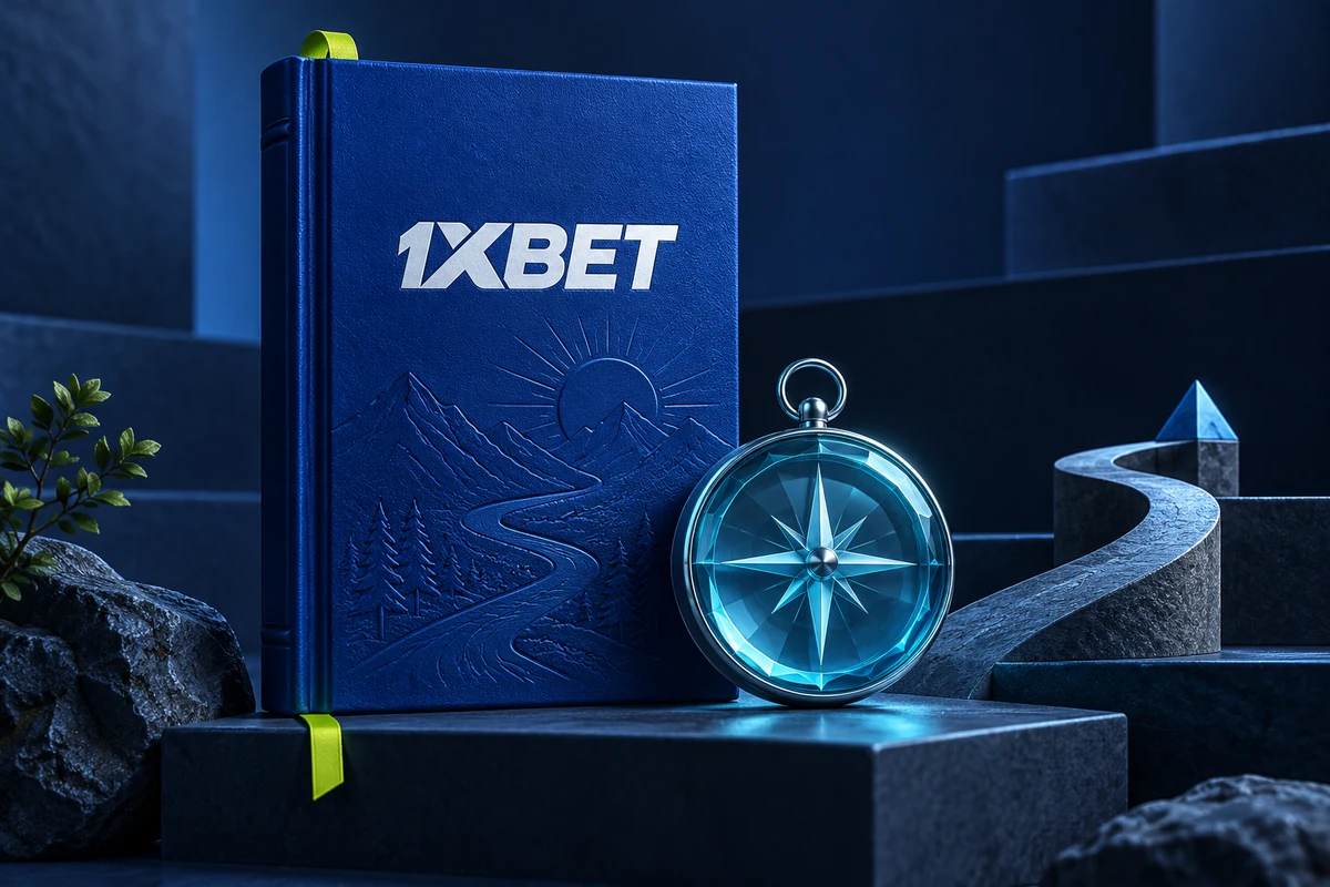 A blue 1XBET website book with a glass compass and winding path sculpture.