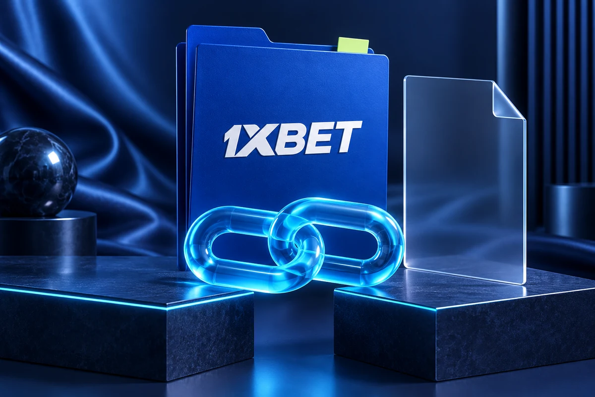 Transparent chain links join two plinths in front of a 1XBET folder and clear sheet.