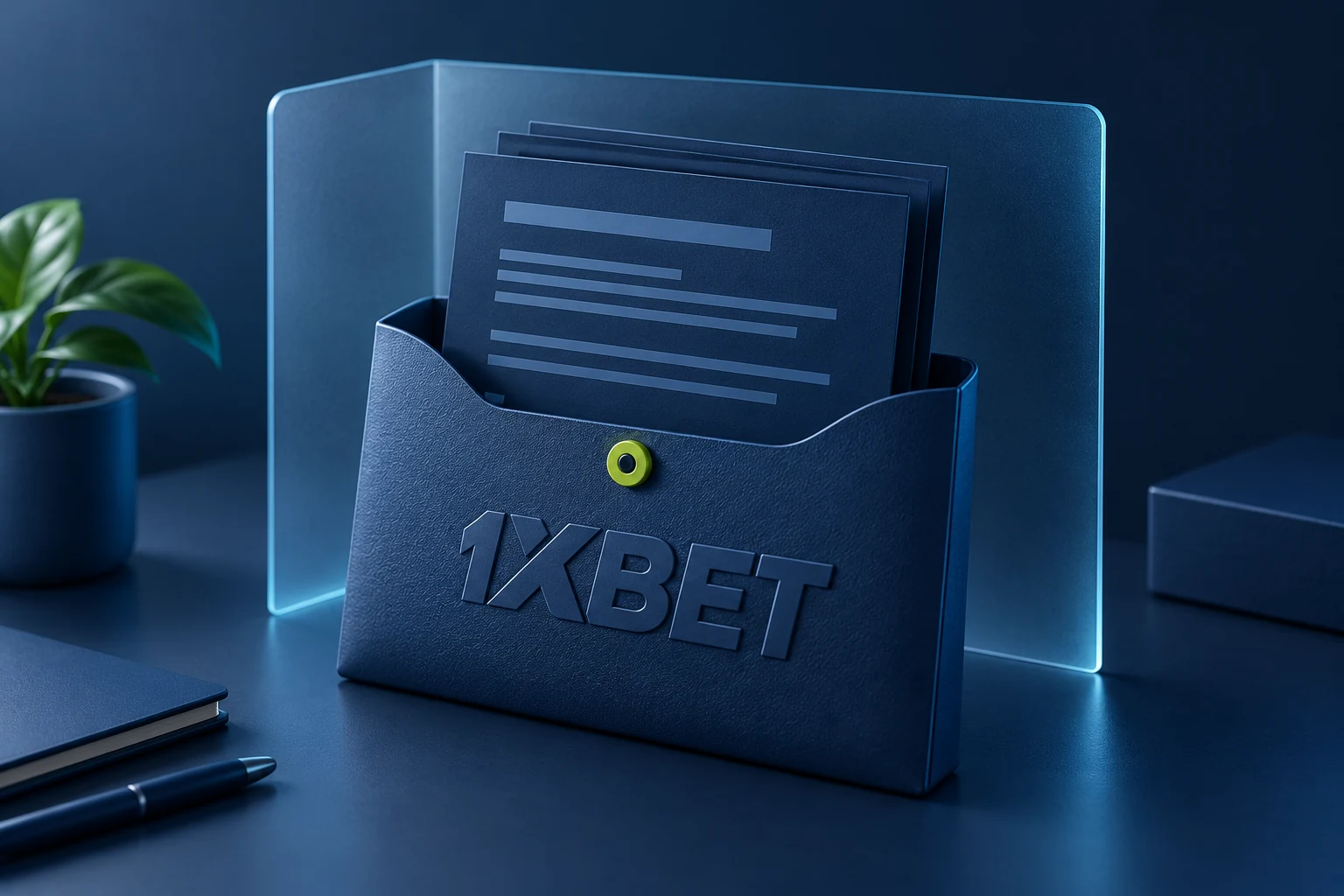 Blank document sheets in a sleeve embossed with 1XBET, sheltered by a translucent privacy screen.