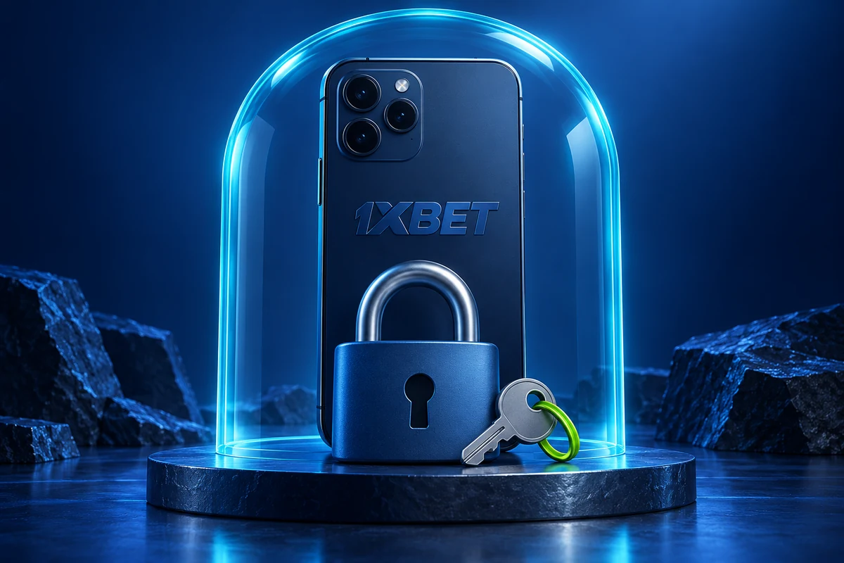 A 1XBET phone inside a transparent arch beside a padlock and key.