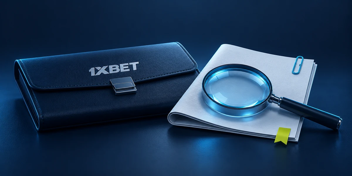 A 1XBET document case beside a magnifying glass and folded terms sheet.