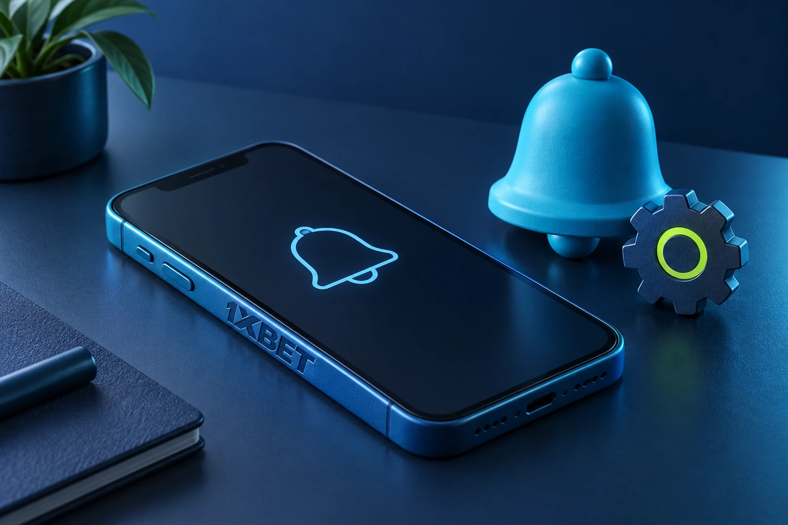 A phone engraved with 1XBET and an abstract bell symbol beside a notification bell and a settings cog.