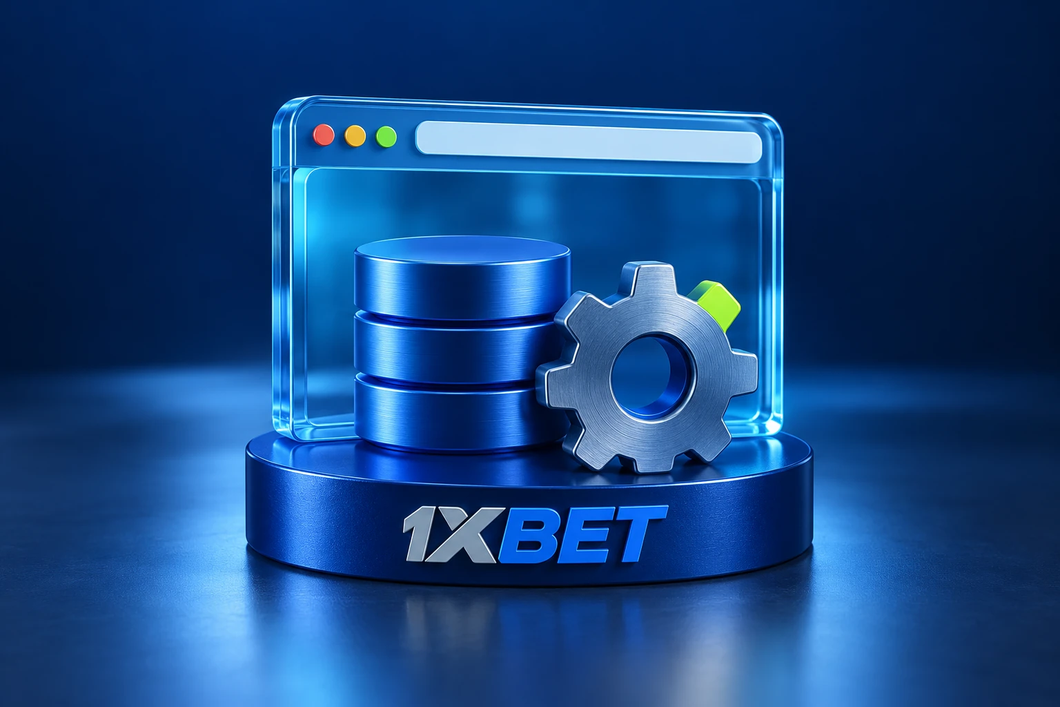 A transparent browser sculpture, storage discs and a settings gear on a base bearing the 1XBET name.