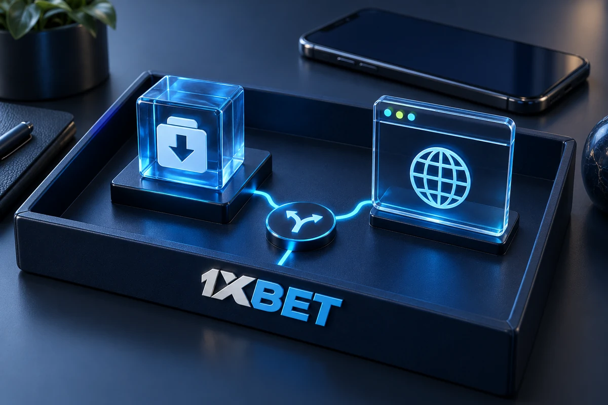 A 1XBET tray contains package and browser symbols representing two device routes.