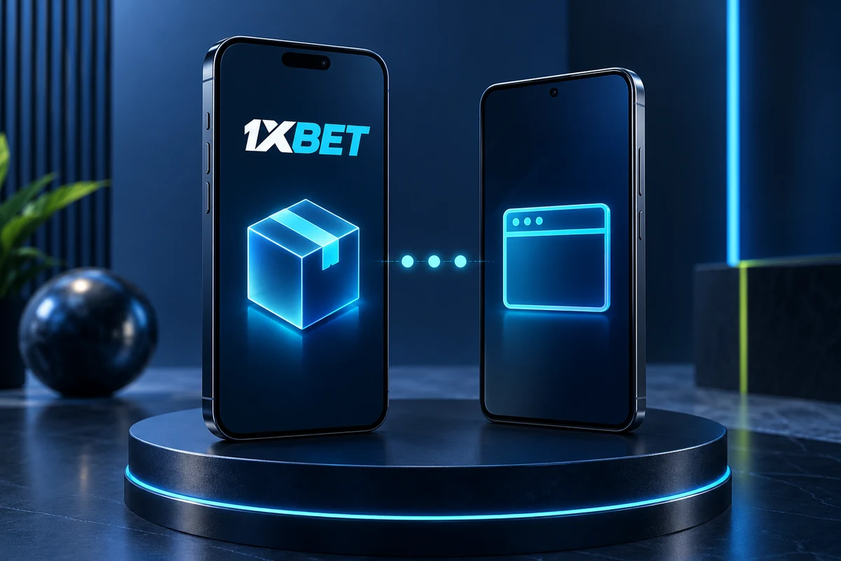 Two phones illustrate choosing a download or a mobile browser route for 1XBET.