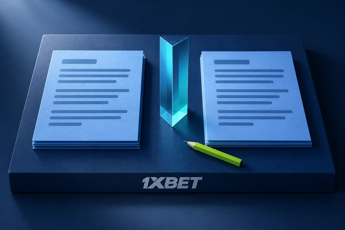 Two abstract draft documents and a clear cyan prism on a 1XBET writing board.