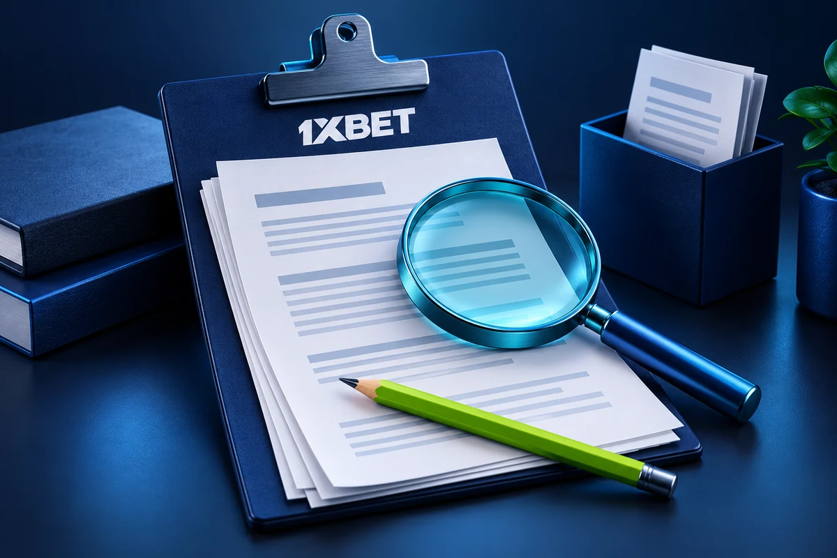 A 1XBET clipboard with draft sheets, a magnifying glass and green pencil.