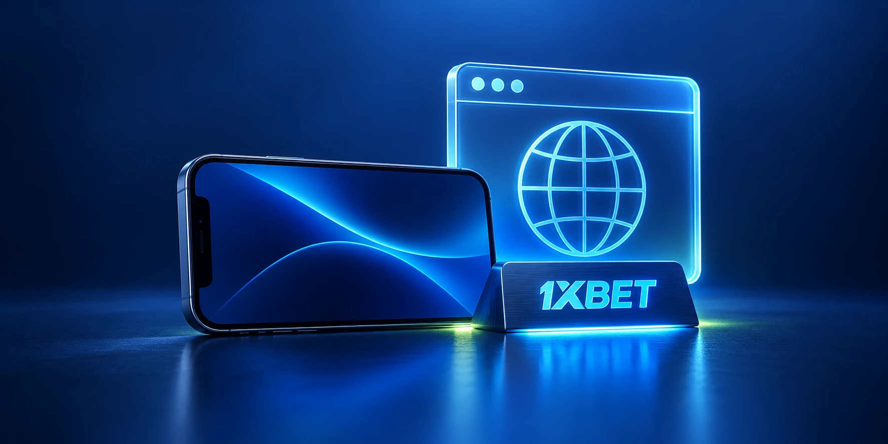 An iPhone-shaped phone beside an illuminated browser window sculpture and a 1XBET desk stand.