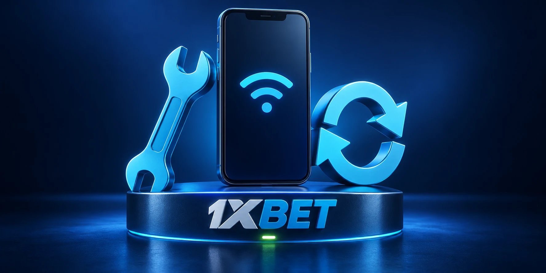 A phone with a wireless symbol, a spanner and a refresh arrow on a platform bearing the 1XBET name.