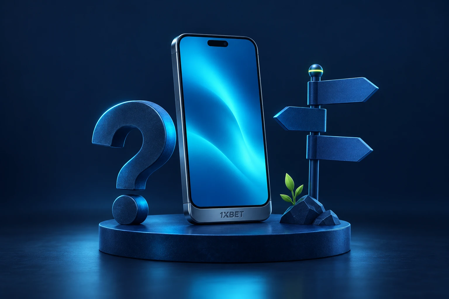 A phone engraved with 1XBET beside a question mark and a blank three-way signpost.
