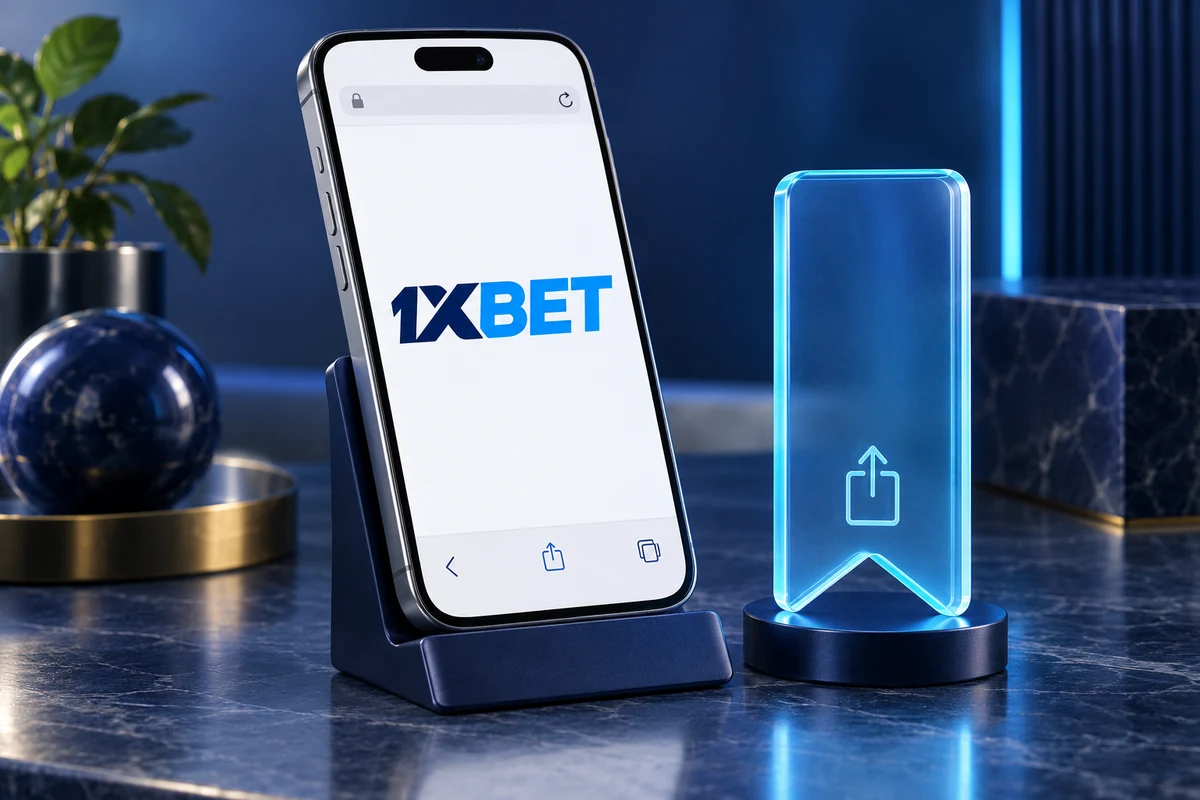 An iPhone-style browser displays 1XBET beside a translucent bookmark.