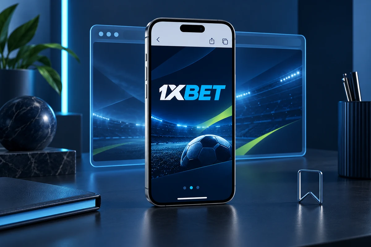 An iPhone-style phone displays a conceptual 1XBET website with browser controls.