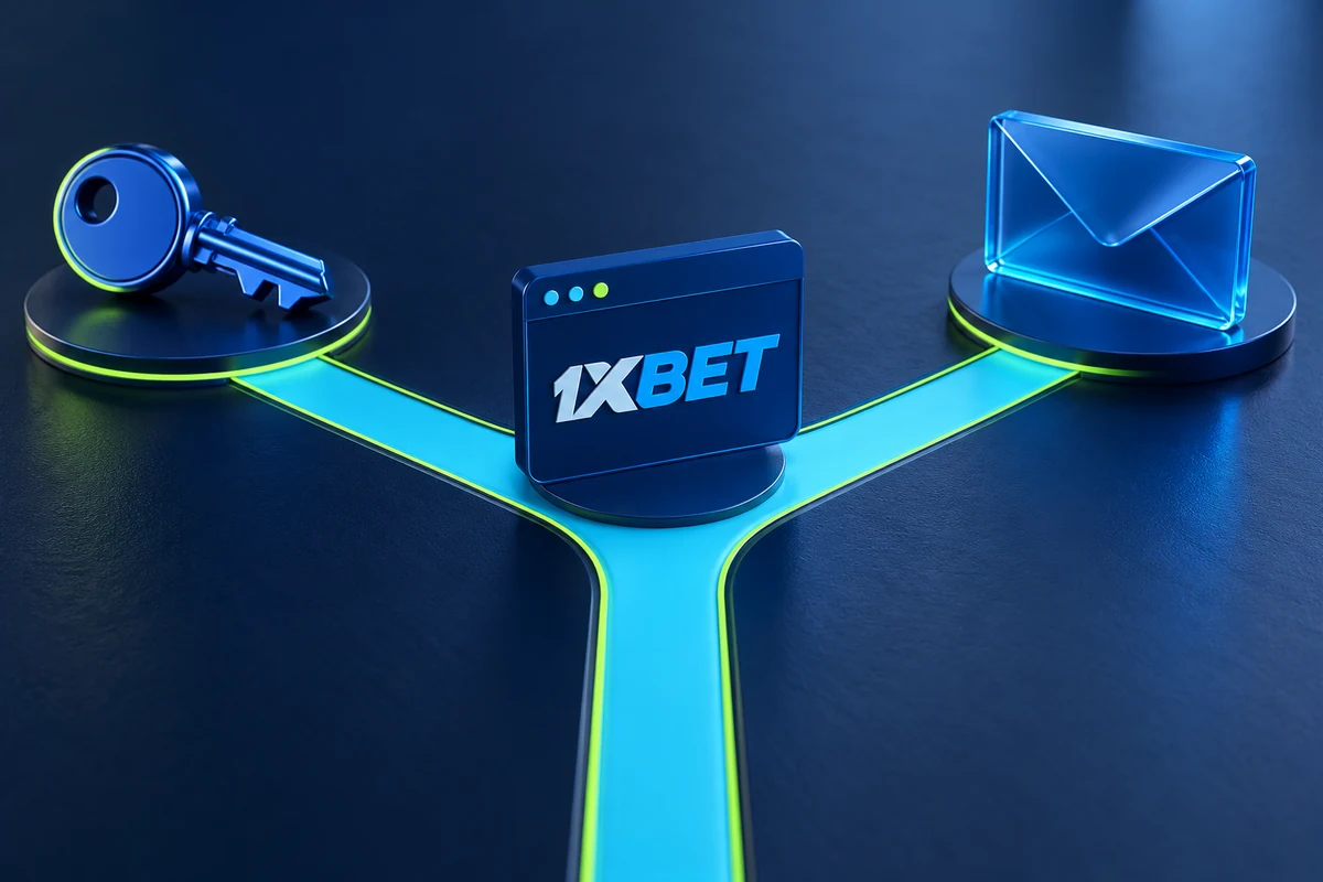 A 1XBET browser frame connects to a key and envelope illustrating account recovery routes.