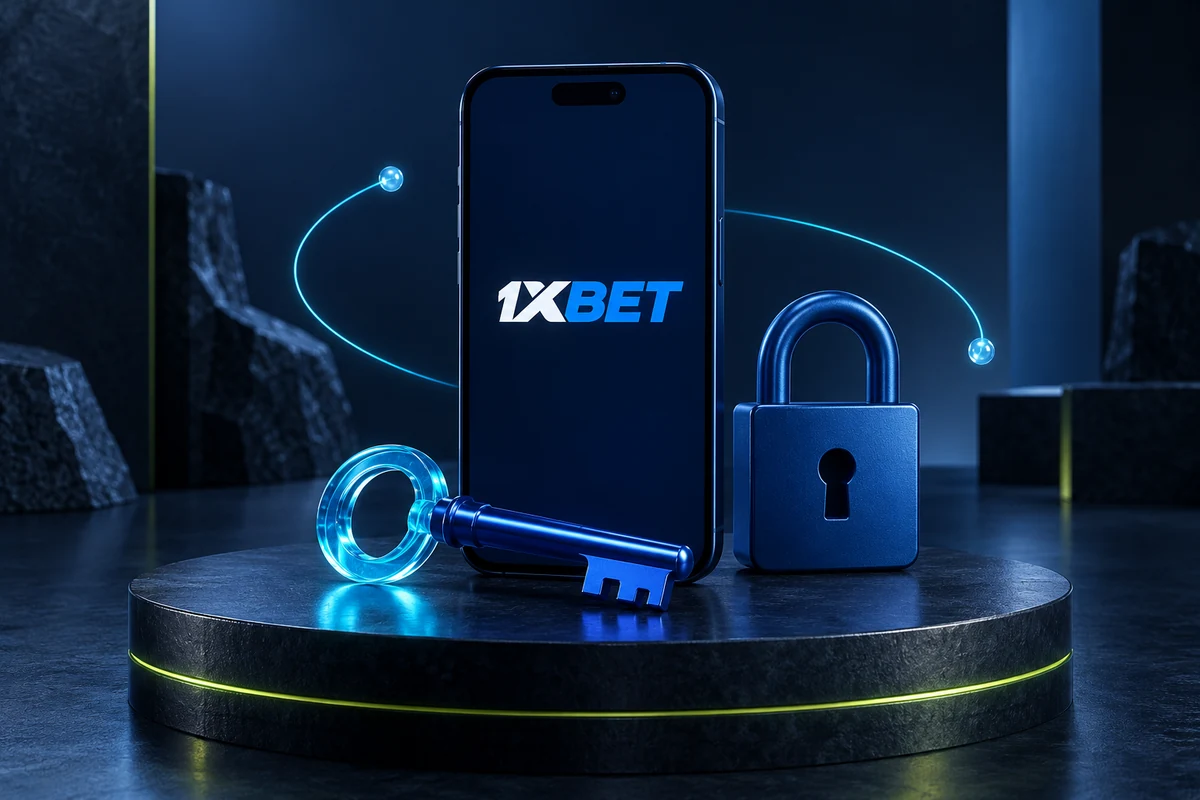 A 1XBET phone beside a blue key and padlock illustrating account access.
