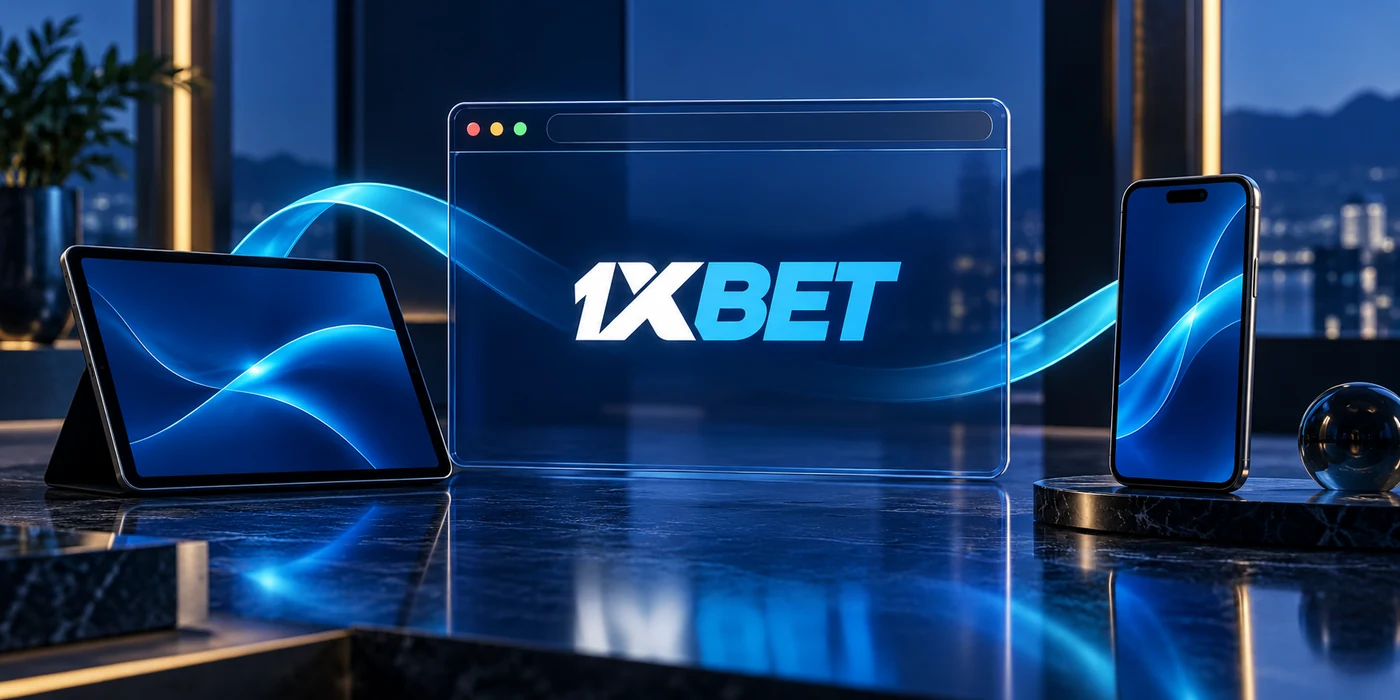 A 1XBET browser panel links a tablet and phone with a cyan ribbon.