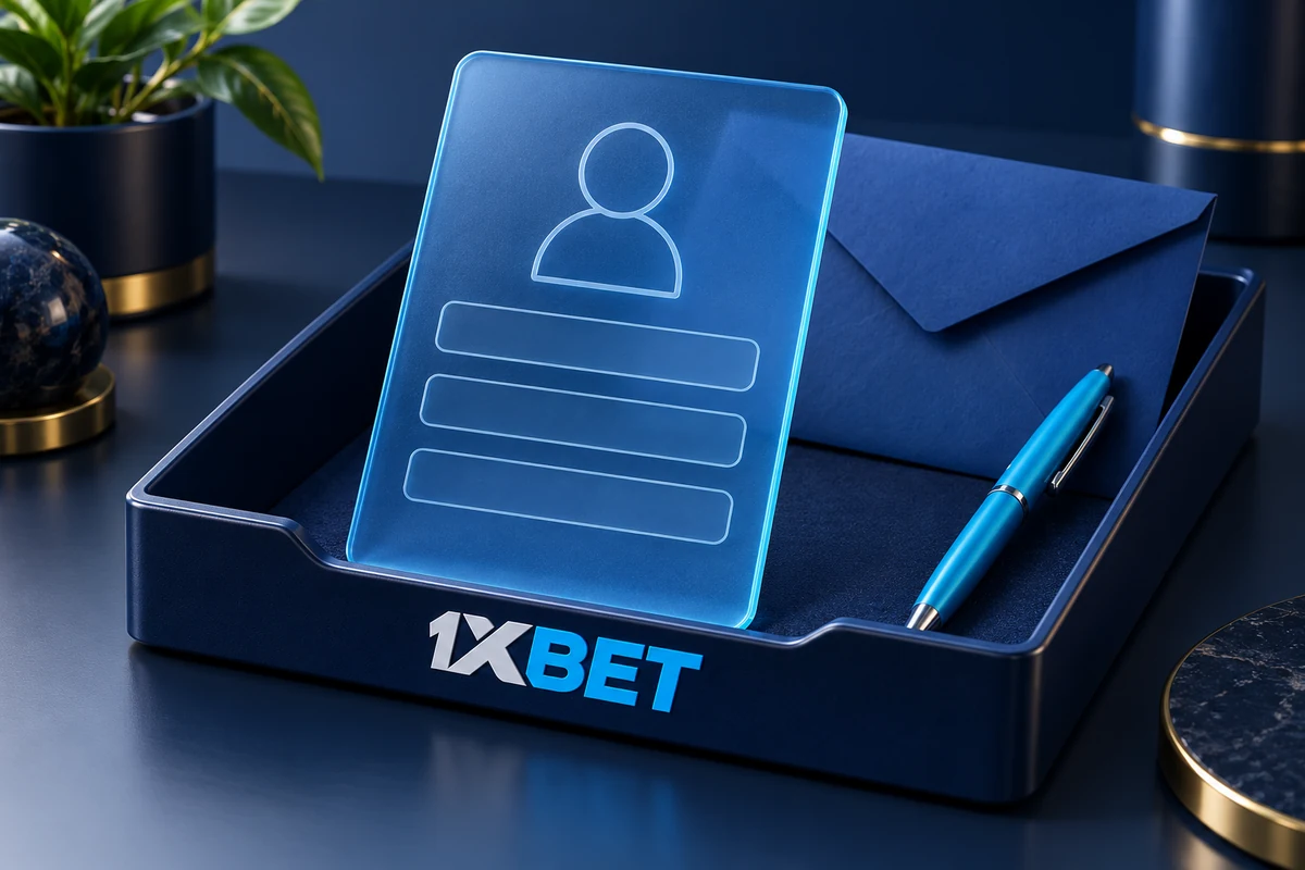 A 1XBET document tray holds a blank profile card, envelope and pen for account preparation.