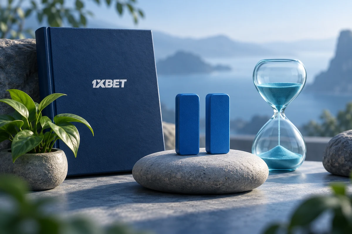 Pause bars on a smooth stone beside a 1XBET website book, hourglass and plant.