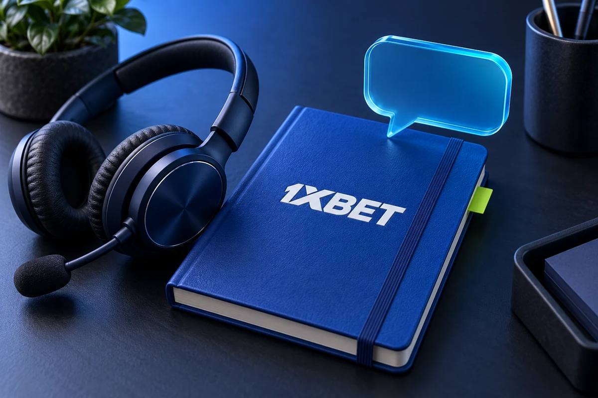A headset and empty speech bubble beside a 1XBET notebook.