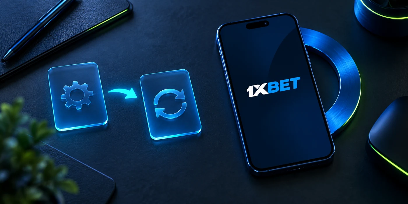 A 1XBET phone beside unlabelled package cards and a curved update arrow.