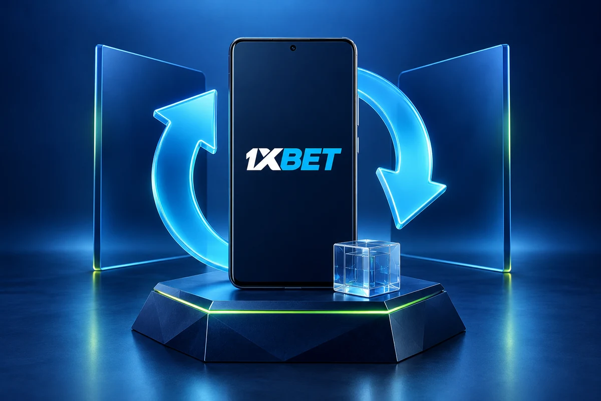 A 1XBET phone surrounded by curved arrows and an unlabelled package cube.