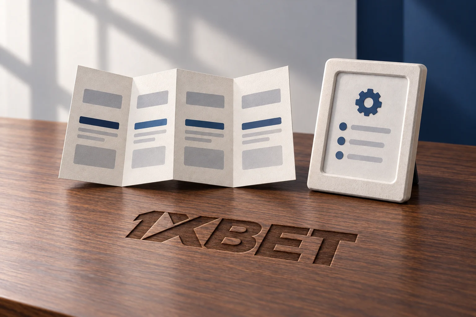Un plan de rubriques plié et un cadre de service séparé sont disposés sur un bureau 1XBET.