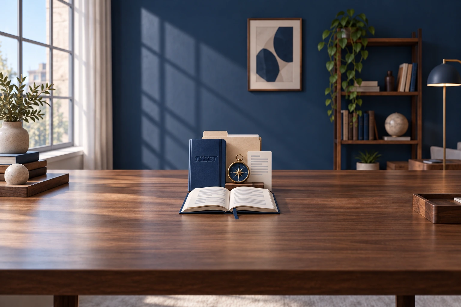 Un livre ouvert et une boussole sont présentés sur un bureau avec un carnet bleu 1XBET.