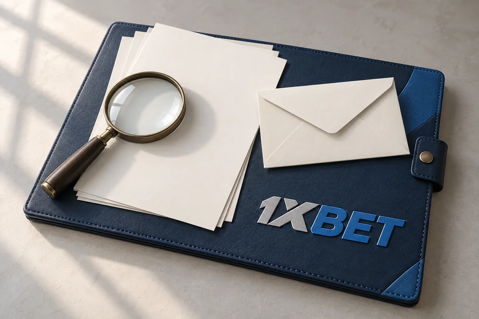 Une loupe et une enveloppe accompagnent des justificatifs vierges sur un porte-documents 1XBET.