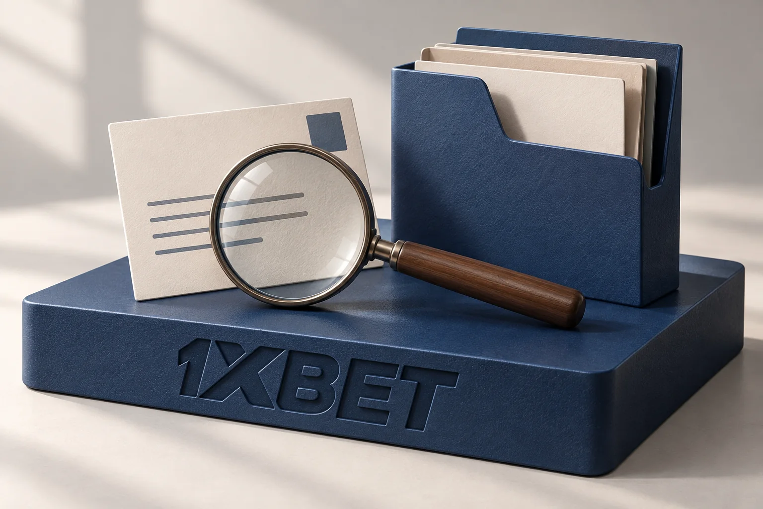 Une loupe compare une carte d’adresse et un étui de fichier posés sur un support 1XBET.
