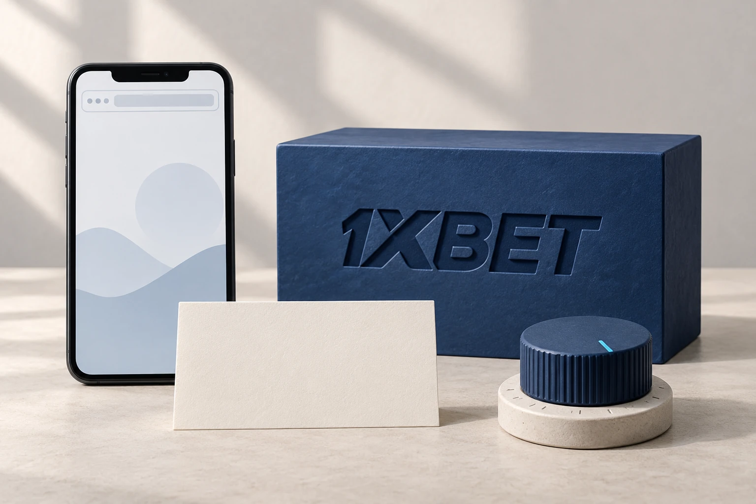 Une carte de message vide et une roue de réglage sont disposées près d’un téléphone et d’une boîte 1XBET.