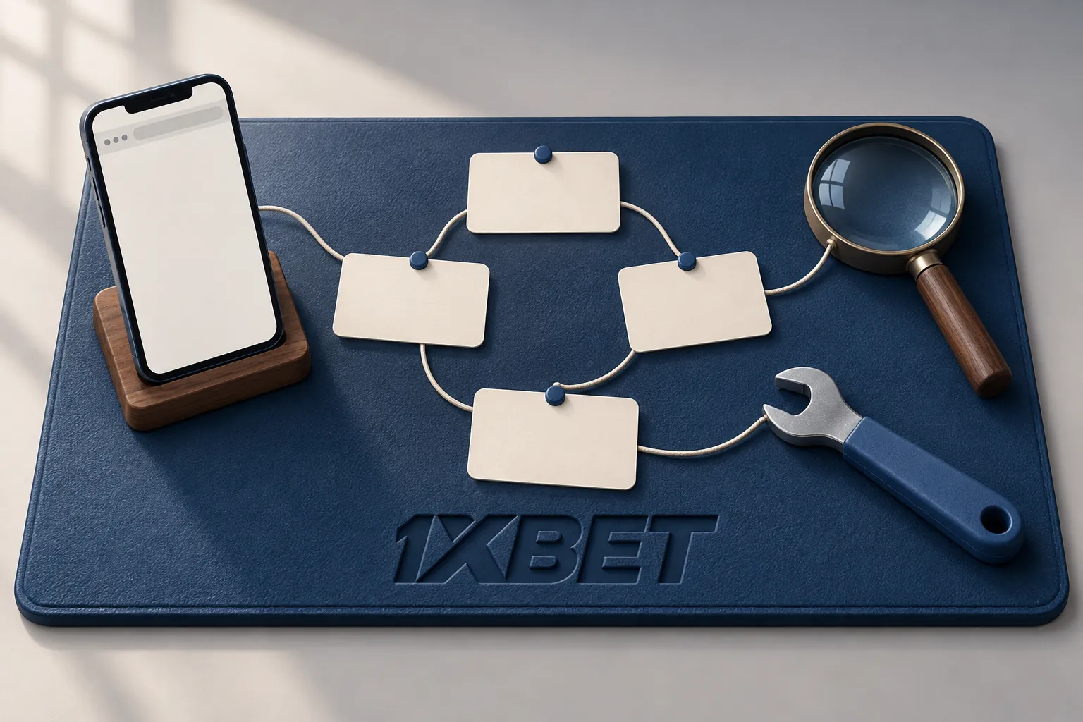 Des cartes de symptôme vierges relient un téléphone, une loupe et un outil sur un tapis 1XBET.