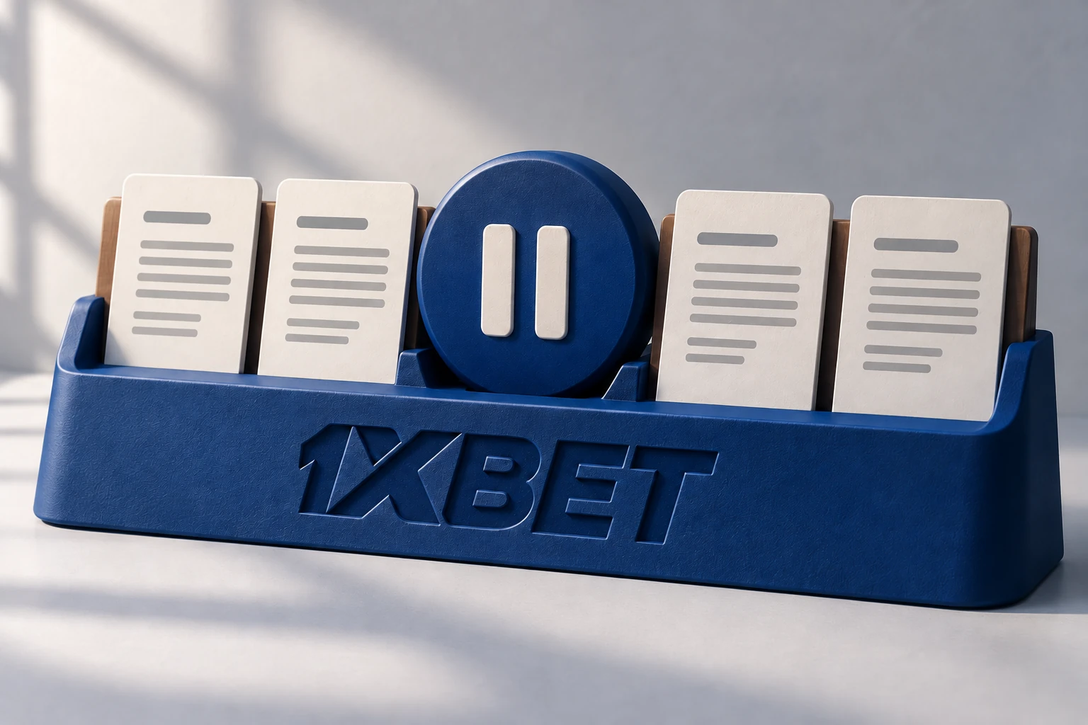 Des cartes de conditions et un symbole de pause sont disposés sur un présentoir bleu 1XBET.