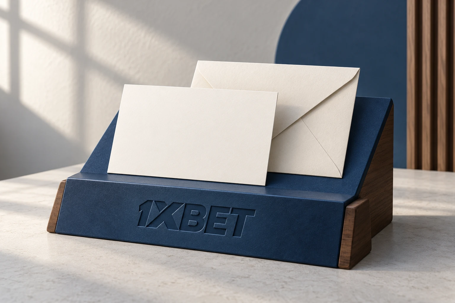 Une carte de correspondance vierge est présentée avec une enveloppe sur un pupitre 1XBET.