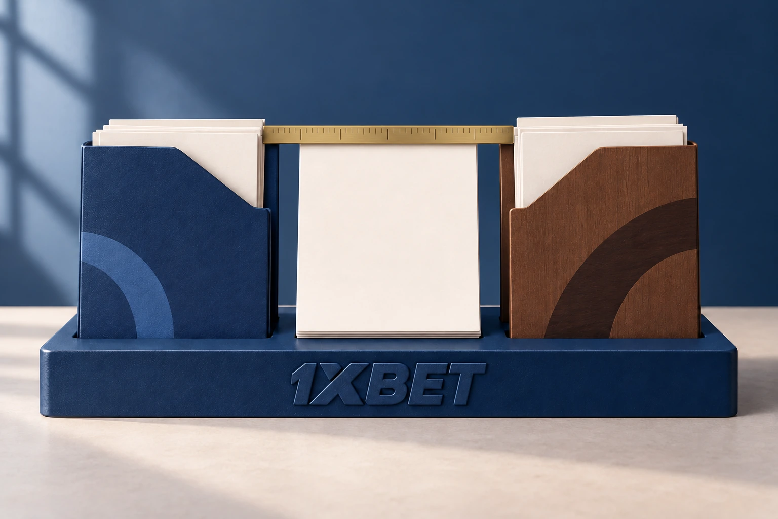 Deux dossiers de source et un brouillon vierge sont reliés par une réglette sur un support 1XBET.