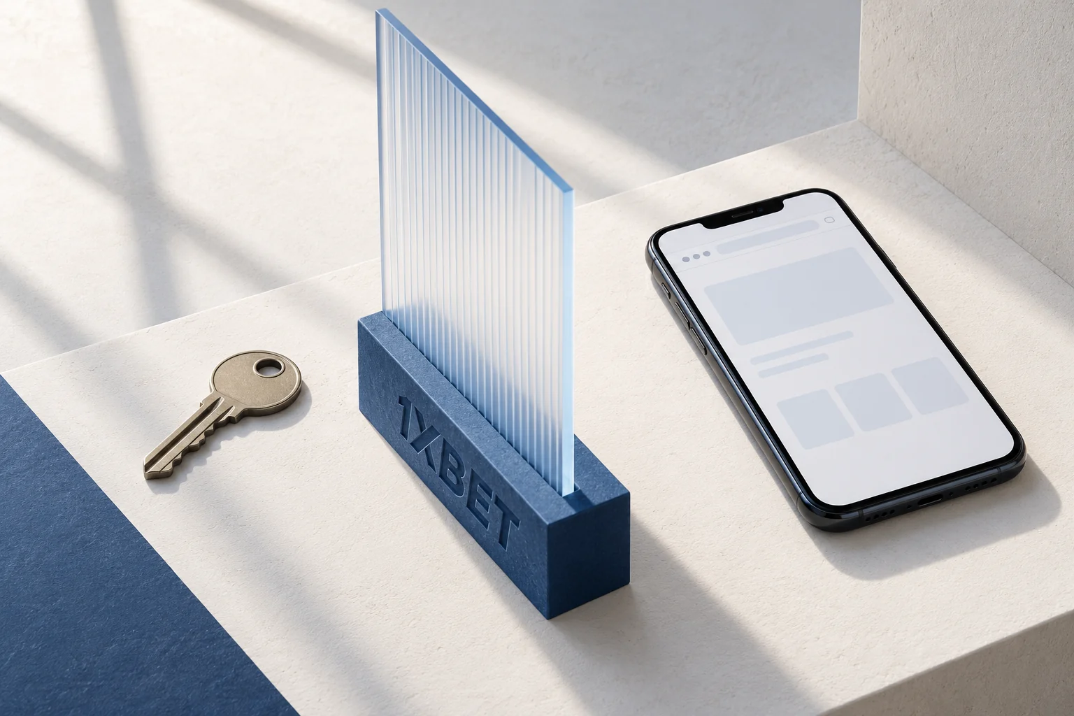 Une clé et un téléphone sont séparés par un panneau translucide monté sur une base 1XBET.