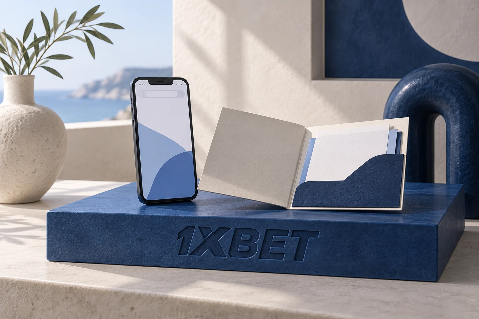 Un téléphone et un étui de fichier ouvert reposent sur une tablette bleue gravée 1XBET.