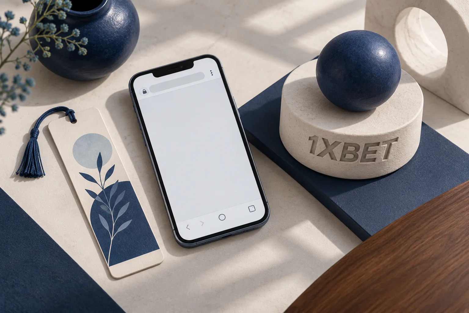 Un téléphone avec un cadre de navigateur est posé près d’un marque-page et d’un socle 1XBET.