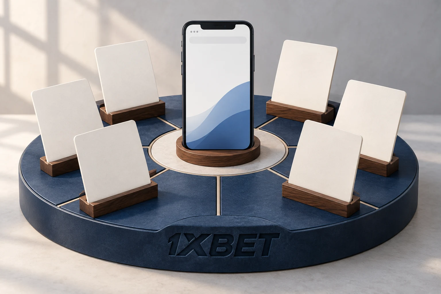 Des cartes de rubrique vierges rayonnent autour d’un téléphone sur un organiseur rond 1XBET.