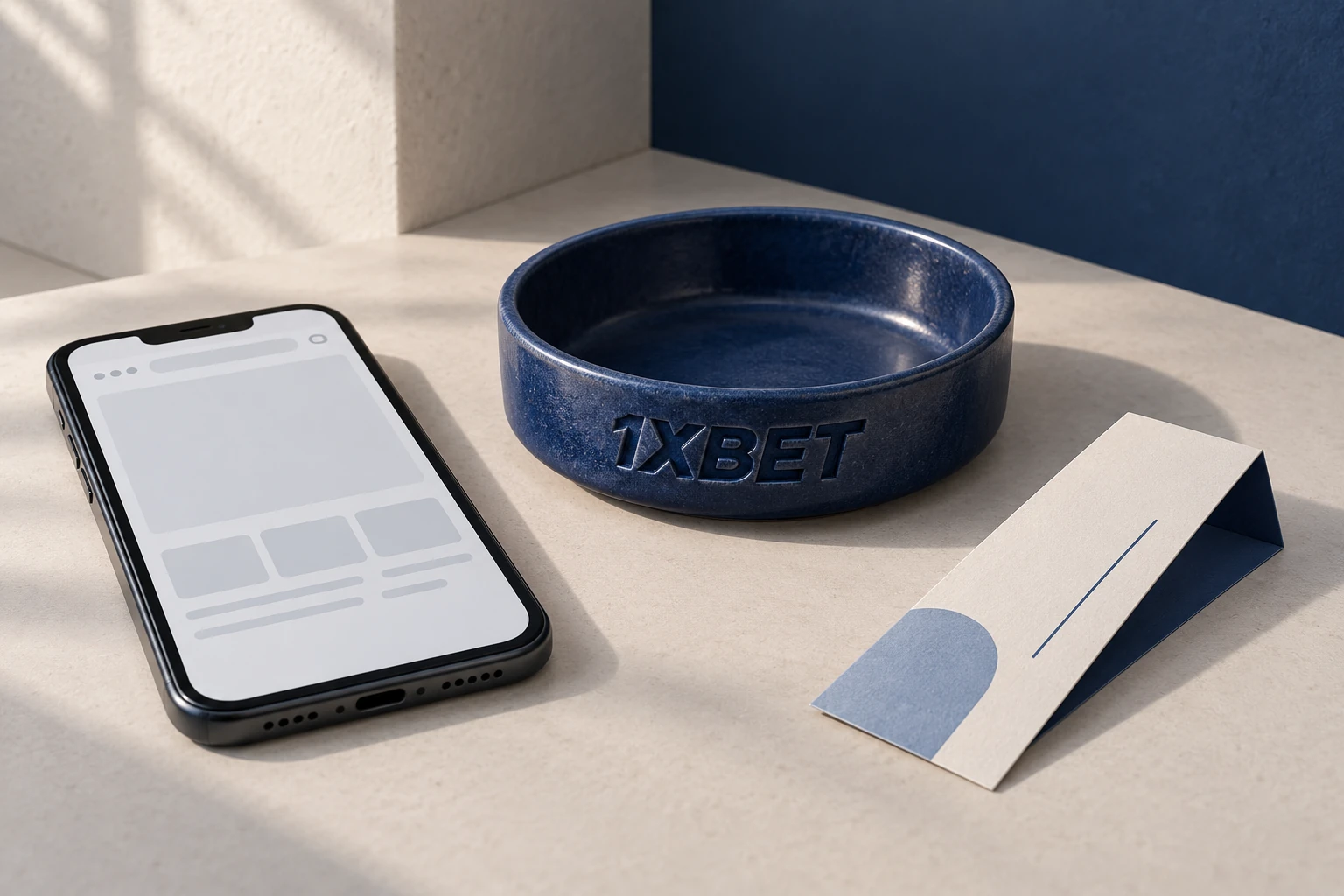 Un téléphone et un marque-page plié sont disposés autour d’une petite coupelle 1XBET.