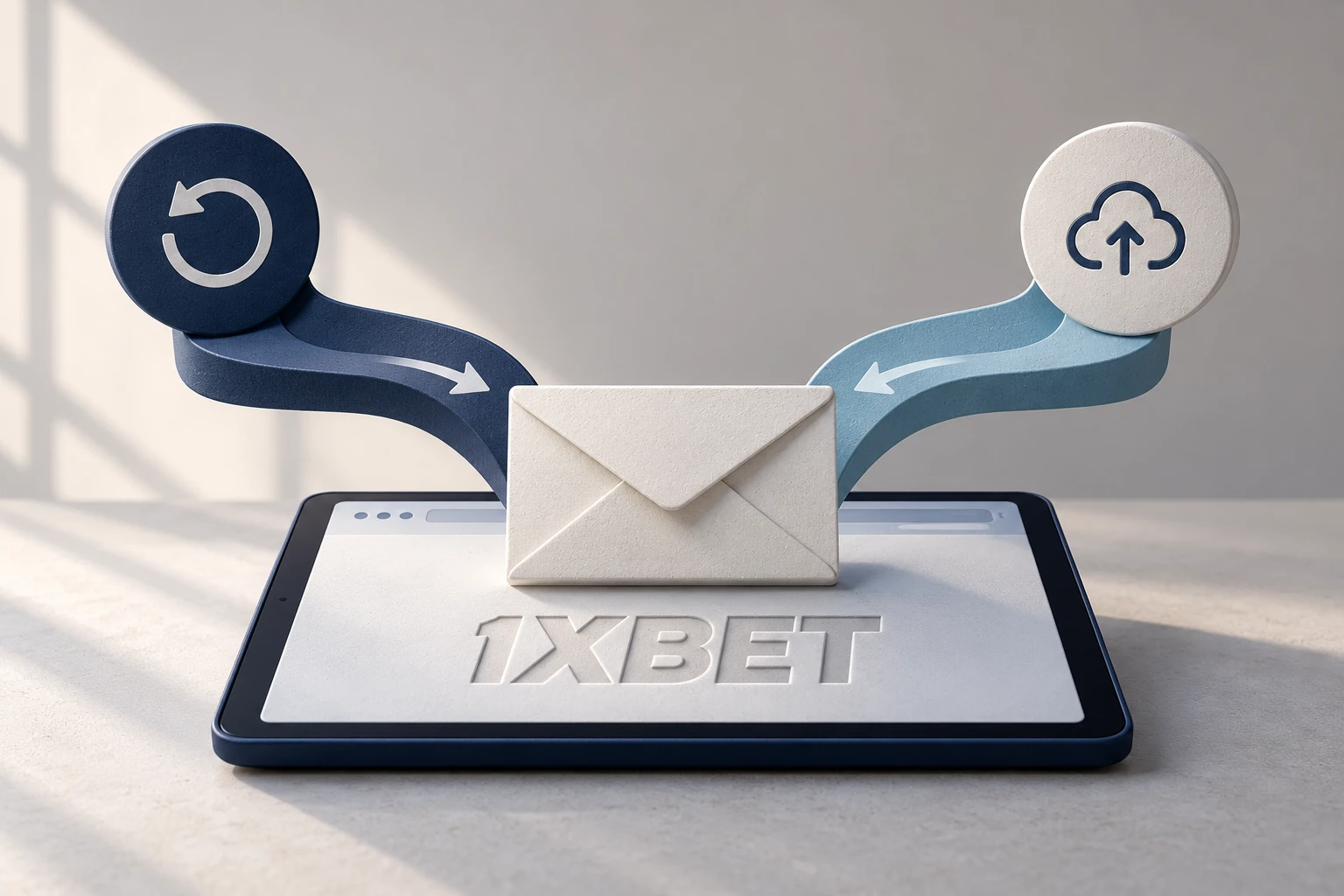 Deux chemins de récupération abstraits convergent vers une enveloppe posée sur une tablette 1XBET.
