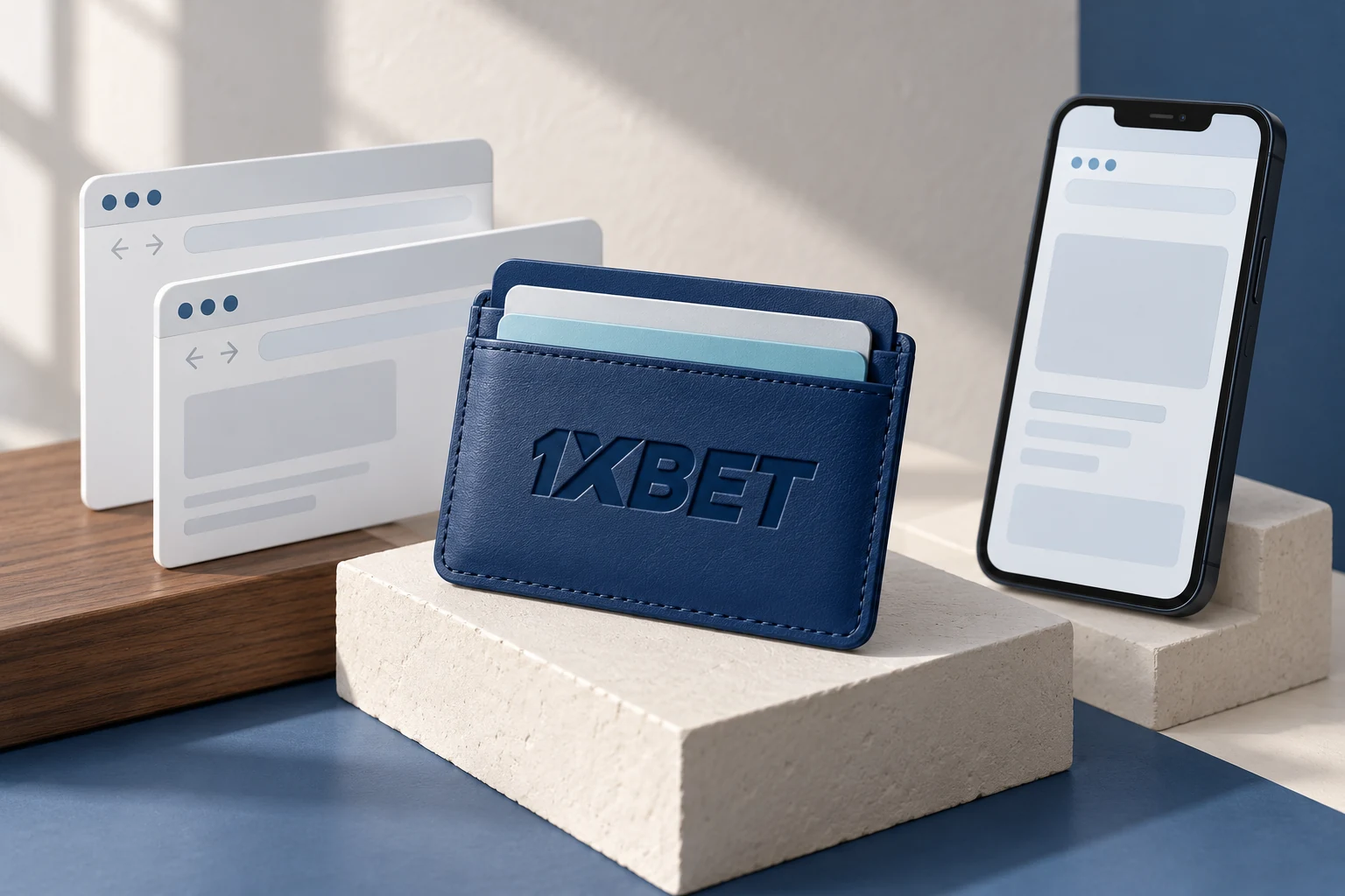Des onglets de navigateur abstraits et un téléphone entourent un porte-cartes bleu 1XBET.