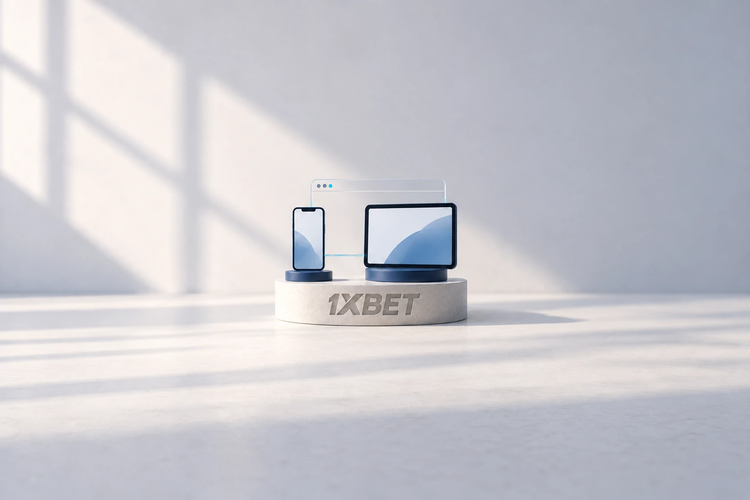 Un cadre de navigateur transparent relie un téléphone et une tablette sur un socle 1XBET.