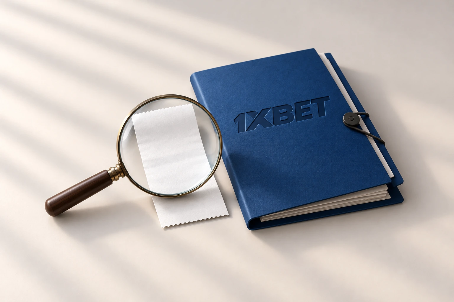 Une loupe révèle un reçu vierge posé à côté d’un dossier de demande marqué 1XBET.
