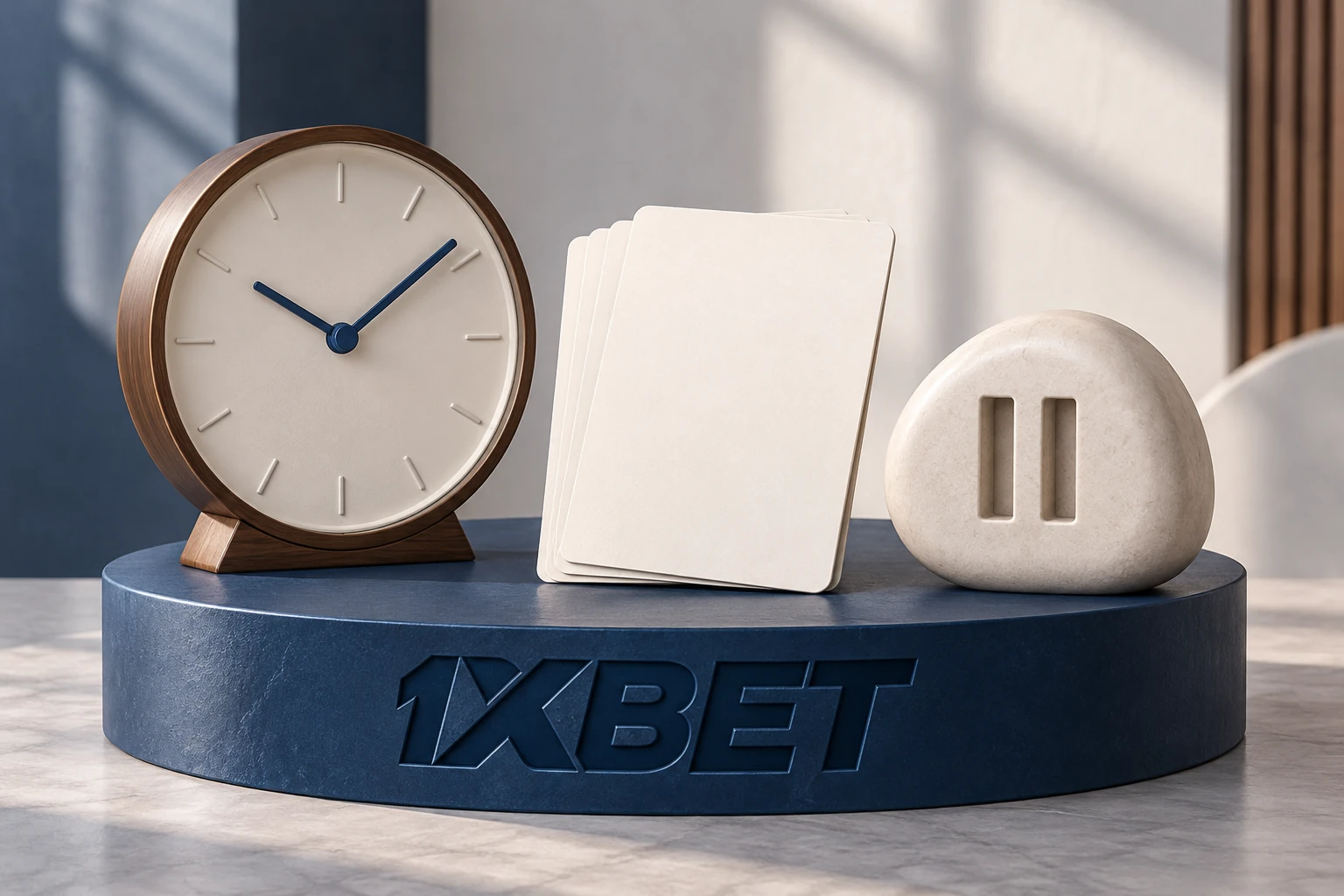 Un cadran de temps, des cartes de budget vierges et une pause sculptée reposent sur une base 1XBET.