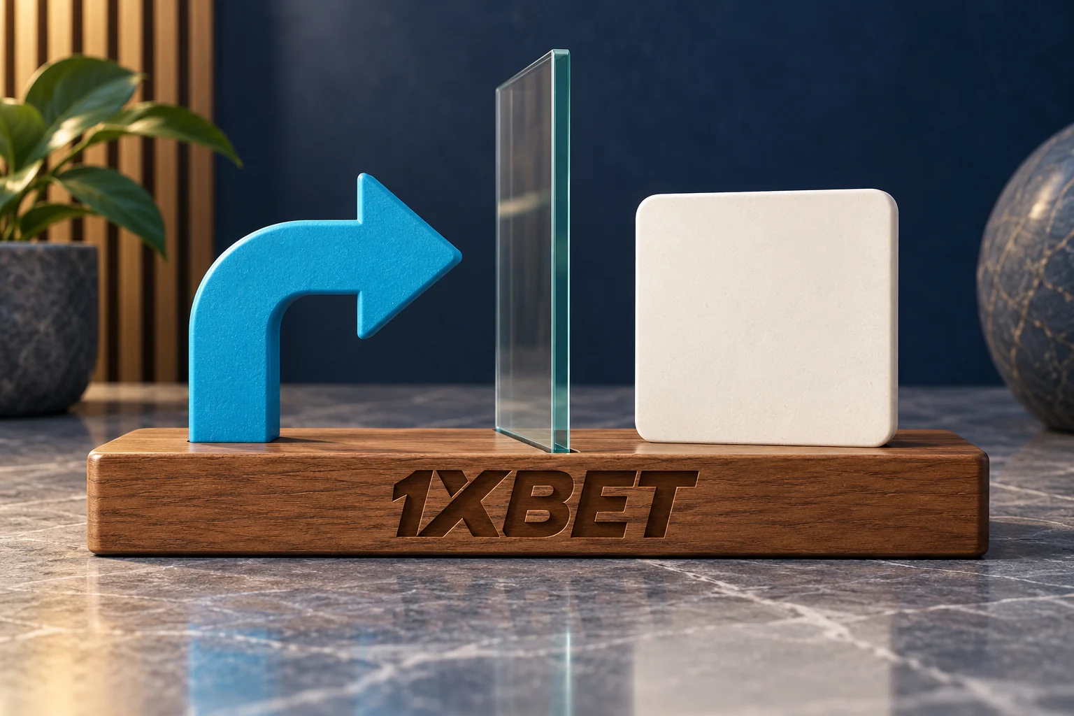 ریفرل کا تیر اور ماخذ کا نوٹ شفاف جداکار کے دونوں طرف ہیں؛ لکڑی کی پٹی پر 1XBET لکھا ہے۔