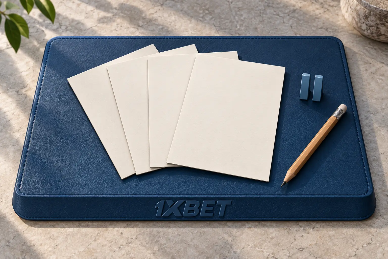 بغیر عبارت کے شرائط پینل، توقف کی علامت اور قلم نیلی 1XBET دستاویزی چٹائی پر رکھے ہیں۔
