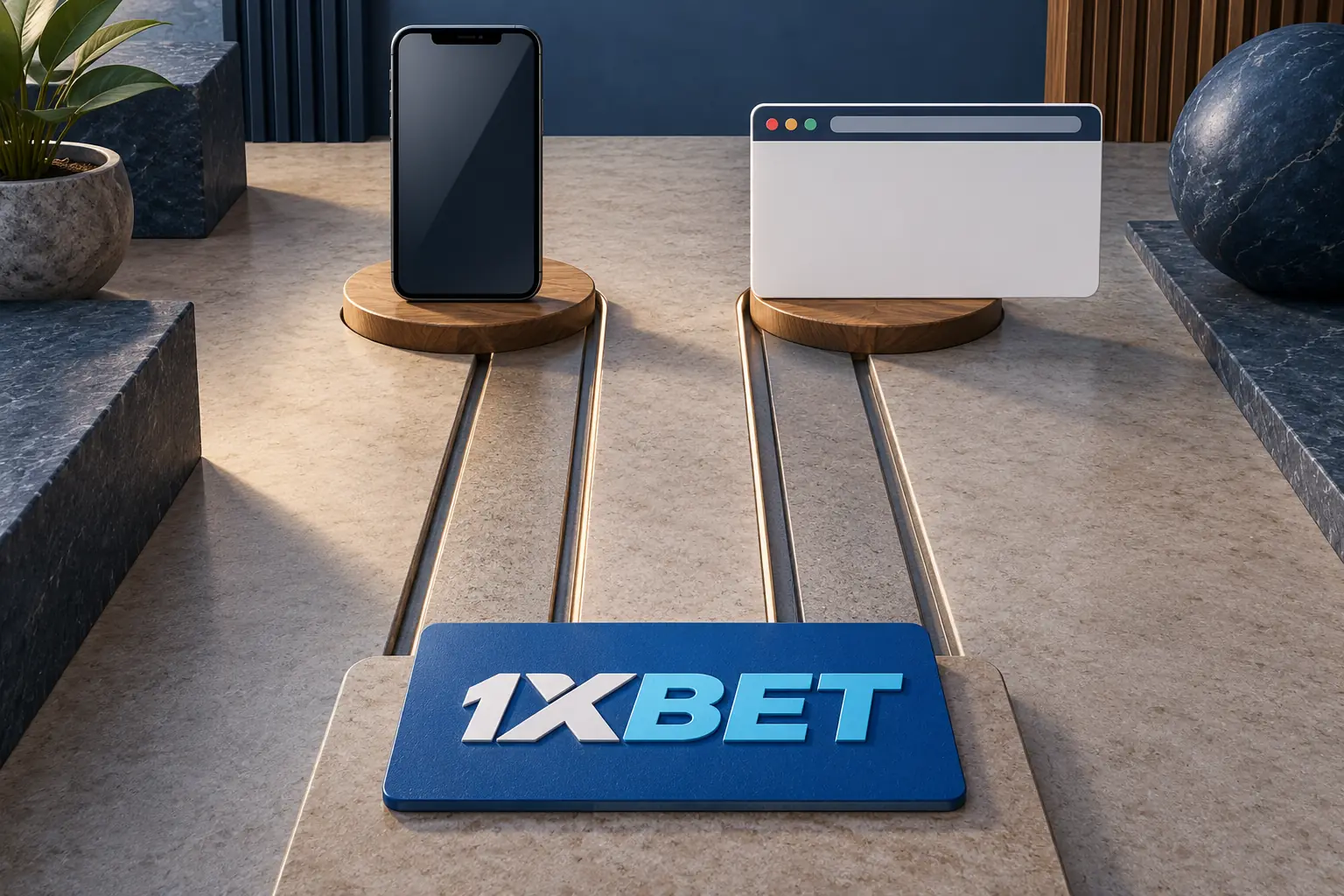 میز پر دو الگ راستے فون اور براؤزر پینل تک جاتے ہیں؛ نیلے راستہ کارڈ پر 1XBET لکھا ہے۔