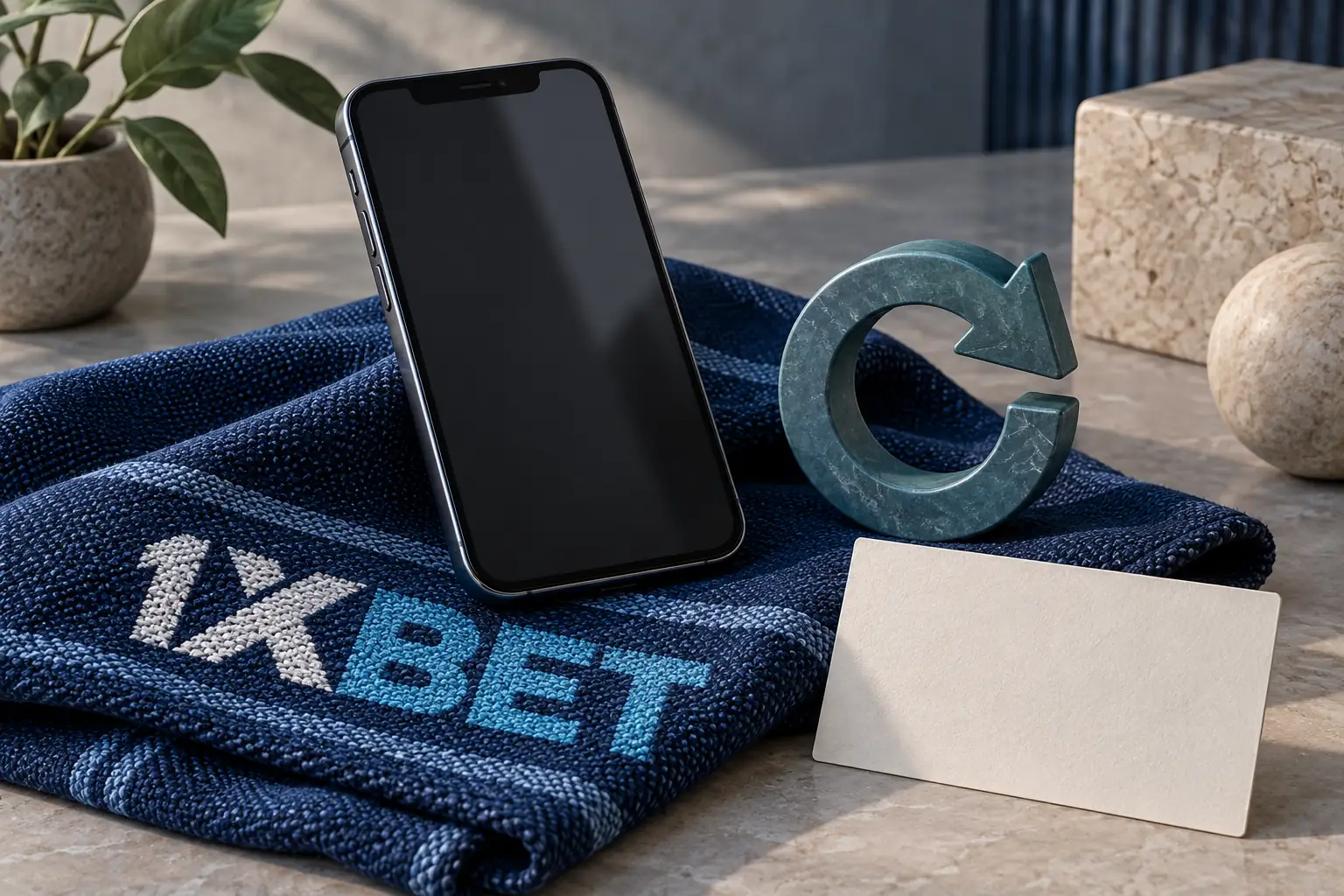 فون اور گردش کا الگ تیر تہہ شدہ نیلے 1XBET کپڑے پر ہیں؛ ساتھ پیکٹ کا خالی کارڈ رکھا ہے۔